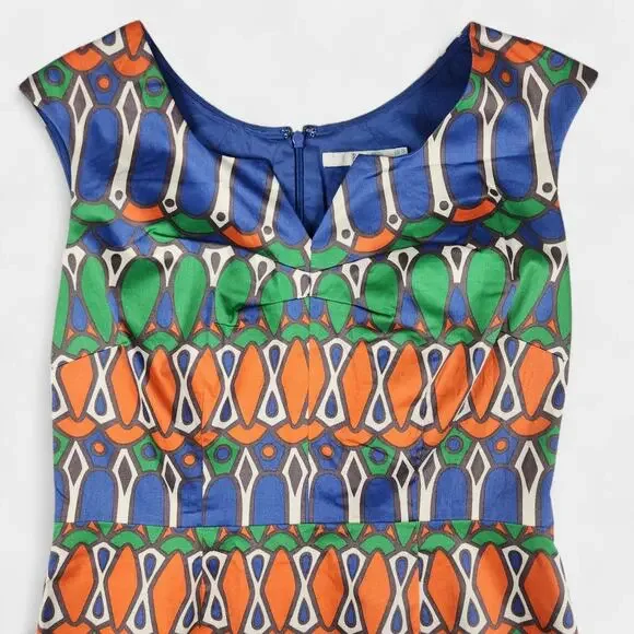Boden Dress Womens 10R Blue Orange Green Geometric Print Sleeveless Sheath Lined - Picture 2 of 15